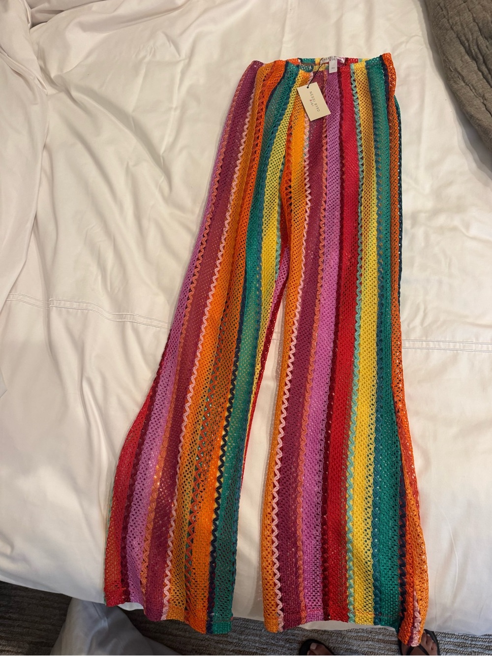Nessi Byrd Kids Bright Multicolor Crochet Stripe Wide-Leg Pants